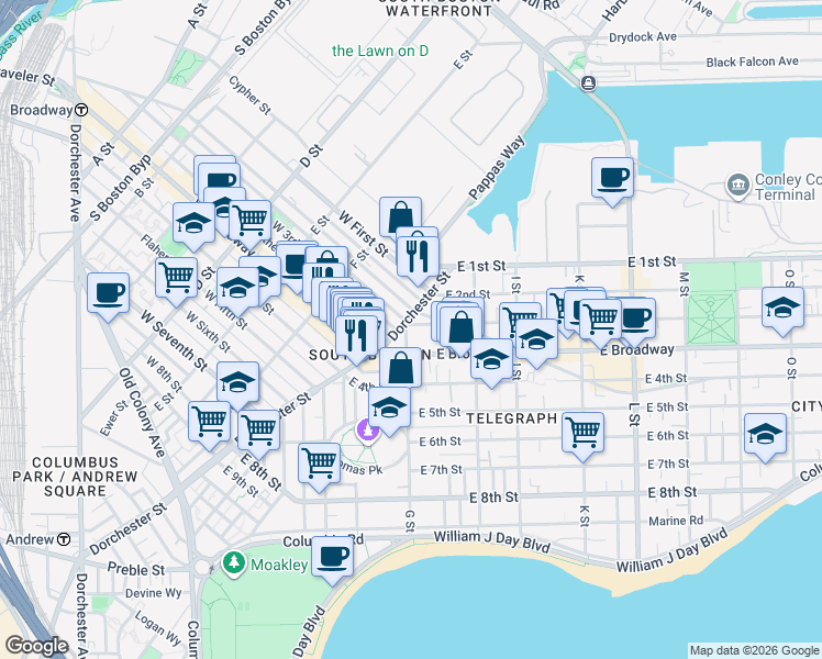 map of restaurants, bars, coffee shops, grocery stores, and more near 9 G Street in Boston