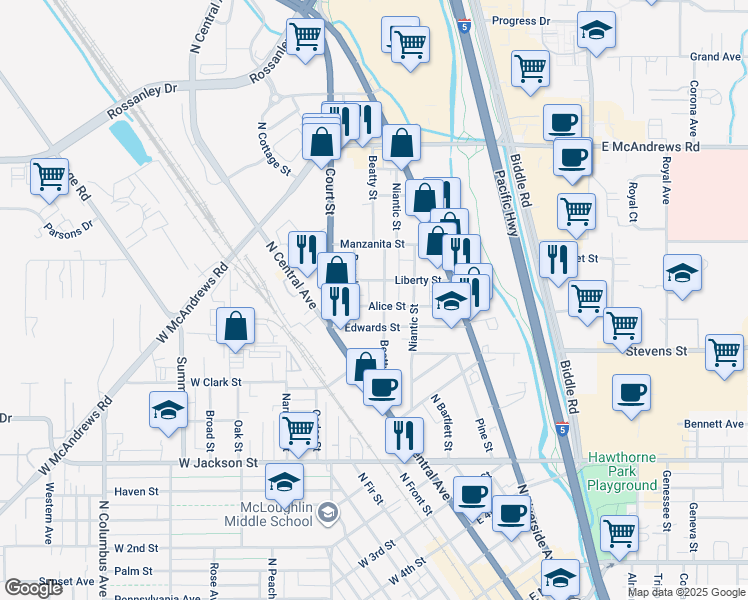 map of restaurants, bars, coffee shops, grocery stores, and more near 600 North Central Avenue in Medford