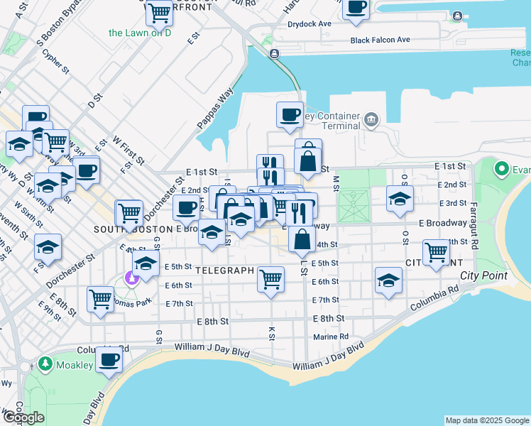 map of restaurants, bars, coffee shops, grocery stores, and more near 3 K Street Place in Boston