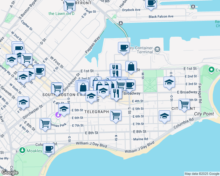 map of restaurants, bars, coffee shops, grocery stores, and more near 646 East Broadway in Boston