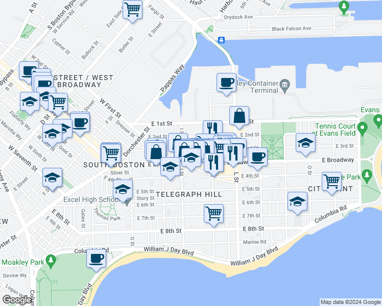 map of restaurants, bars, coffee shops, grocery stores, and more near 646 East Broadway in Boston