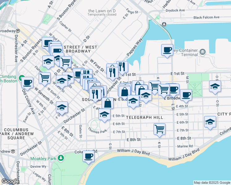 map of restaurants, bars, coffee shops, grocery stores, and more near 433 East 3rd Street in Boston