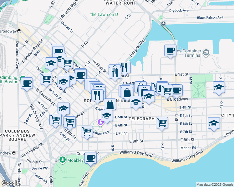 map of restaurants, bars, coffee shops, grocery stores, and more near 433 East 3rd Street in Boston