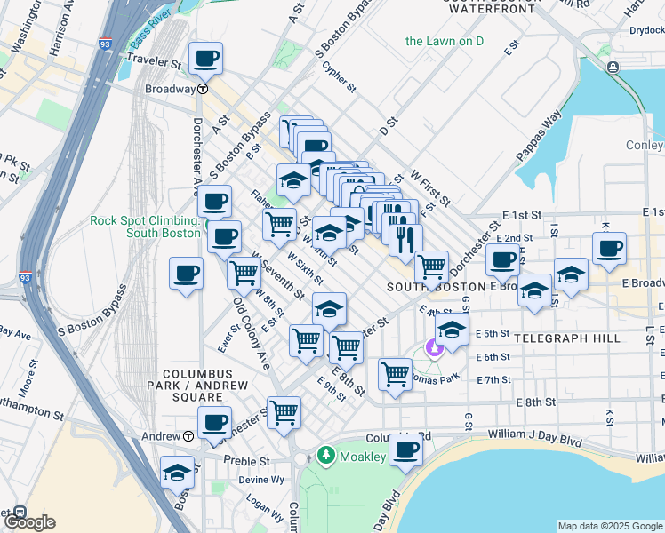 map of restaurants, bars, coffee shops, grocery stores, and more near 223 West Fifth Street in Boston