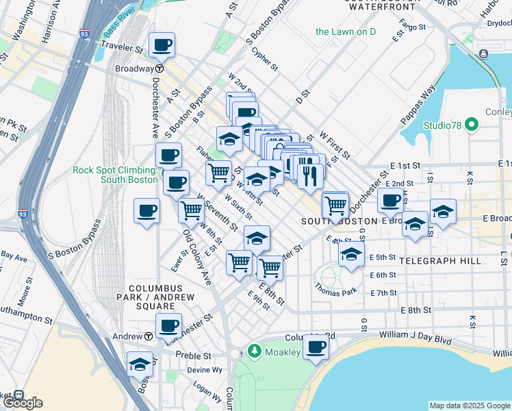 map of restaurants, bars, coffee shops, grocery stores, and more near 223 West Fifth Street in Boston