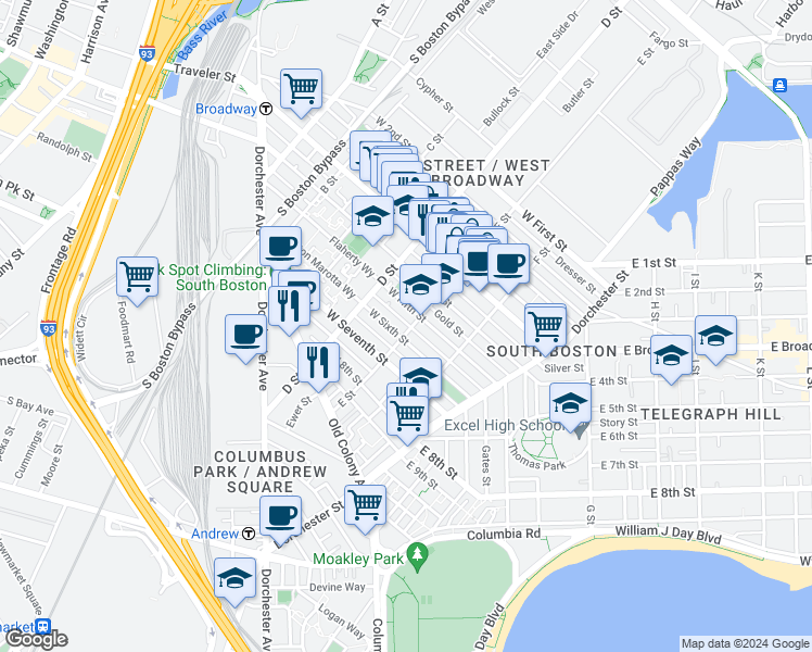 map of restaurants, bars, coffee shops, grocery stores, and more near in Boston