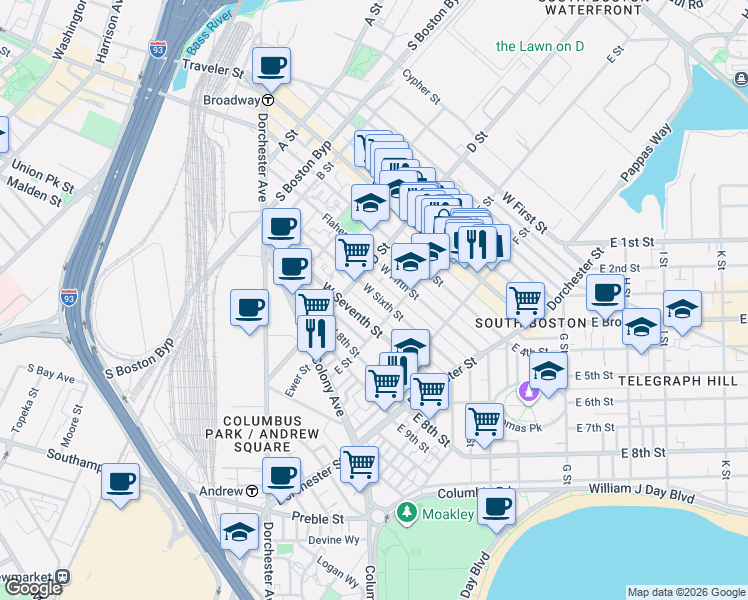 map of restaurants, bars, coffee shops, grocery stores, and more near 173 West Sixth Street in Boston