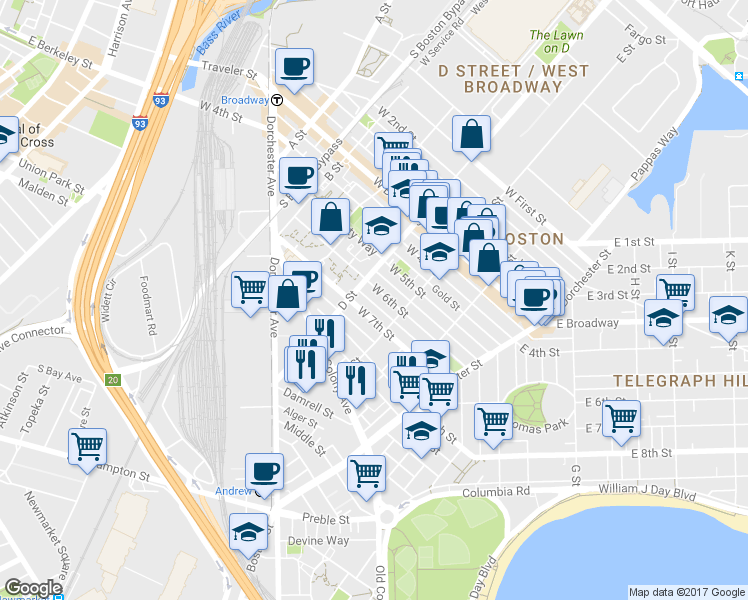map of restaurants, bars, coffee shops, grocery stores, and more near 114 West Seventh Street in Boston