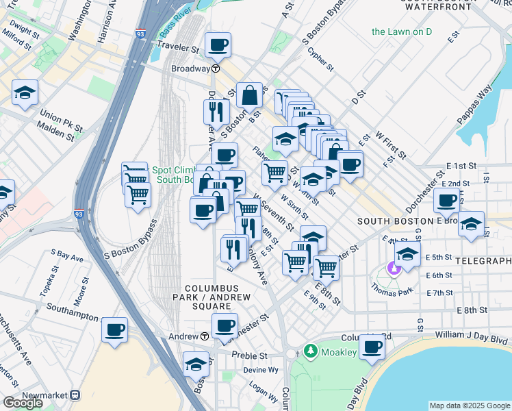 map of restaurants, bars, coffee shops, grocery stores, and more near 84 West 8th Street in Boston