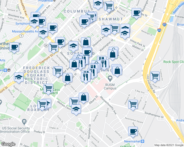 map of restaurants, bars, coffee shops, grocery stores, and more near 33 Worcester Square in Boston