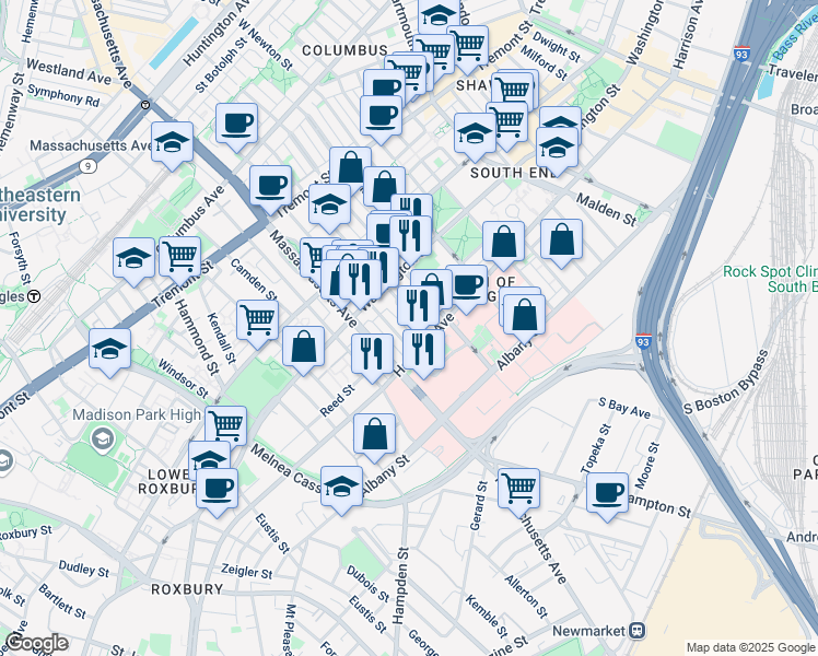 map of restaurants, bars, coffee shops, grocery stores, and more near 33 Worcester Square in Boston