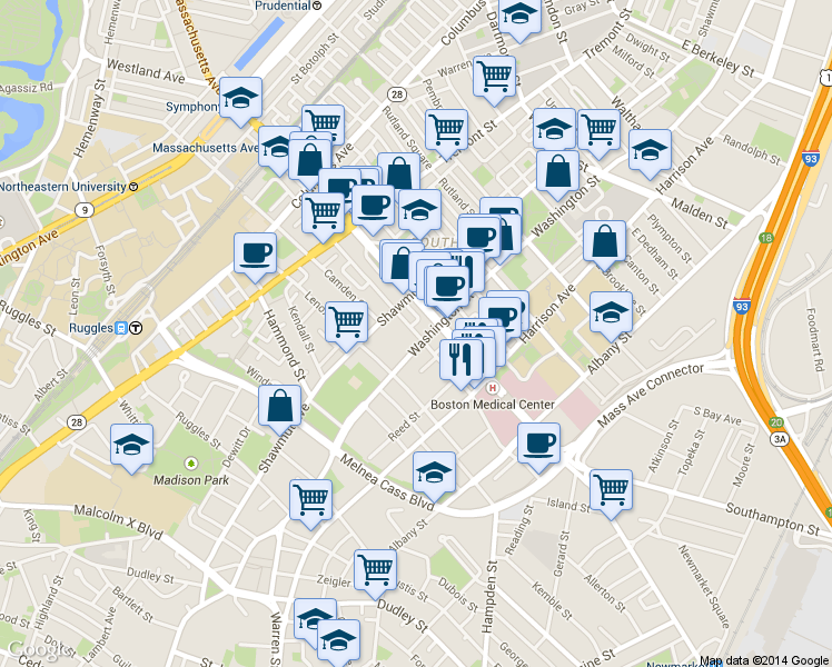 map of restaurants, bars, coffee shops, grocery stores, and more near 1786 Washington Street in Boston
