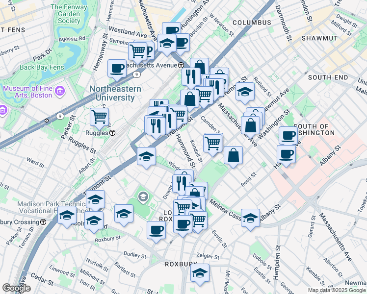 map of restaurants, bars, coffee shops, grocery stores, and more near 10 Sussex Street in Boston