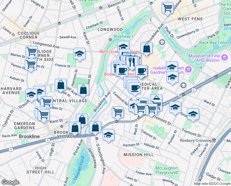 map of restaurants, bars, coffee shops, grocery stores, and more near 80 Fenwood Road in Boston