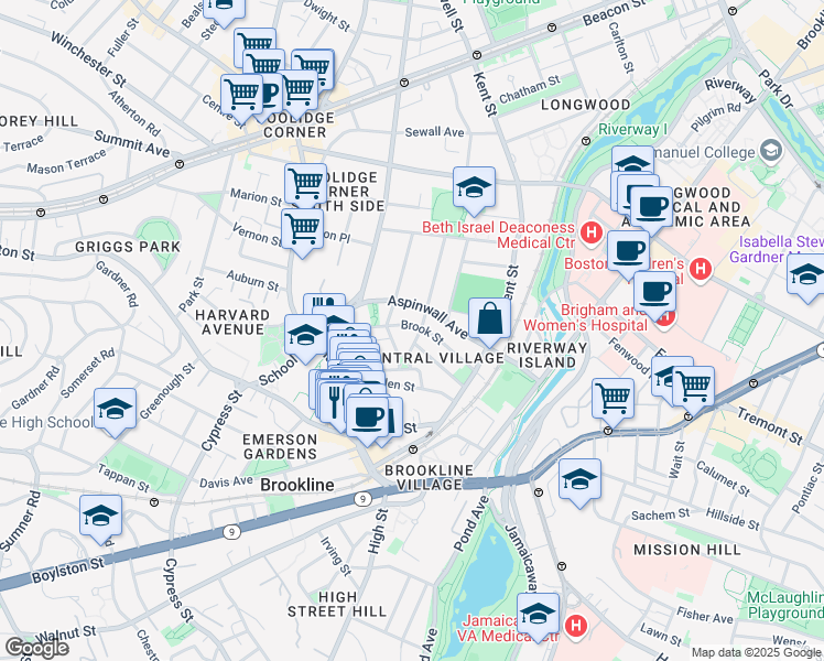 map of restaurants, bars, coffee shops, grocery stores, and more near in Brookline
