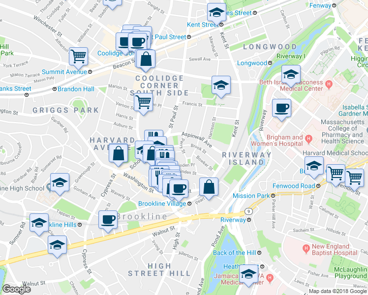 map of restaurants, bars, coffee shops, grocery stores, and more near 13 Tabor Place in Brookline