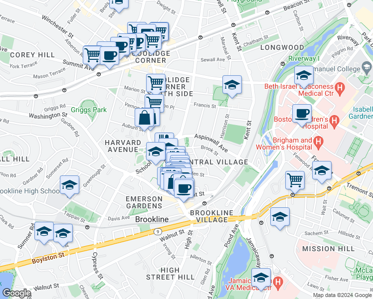 map of restaurants, bars, coffee shops, grocery stores, and more near 13 Tabor Place in Brookline