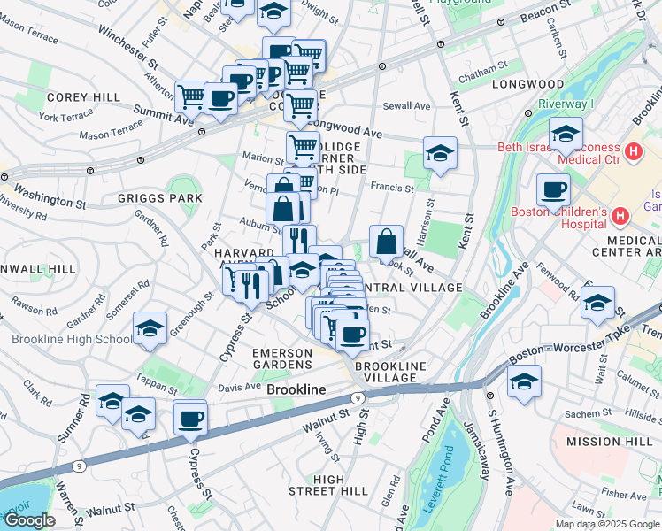map of restaurants, bars, coffee shops, grocery stores, and more near 14 Homer Street in Brookline