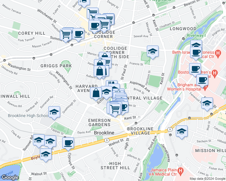 map of restaurants, bars, coffee shops, grocery stores, and more near 14 Homer Street in Brookline