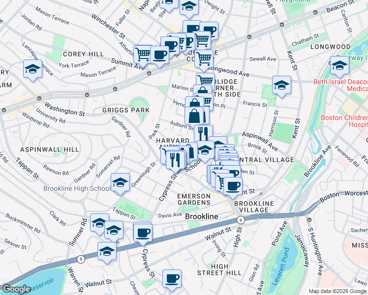 map of restaurants, bars, coffee shops, grocery stores, and more near 32 Harvard Avenue in Brookline