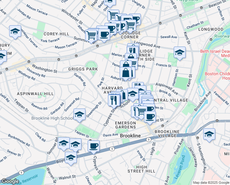 map of restaurants, bars, coffee shops, grocery stores, and more near 54 Harvard Avenue in Brookline