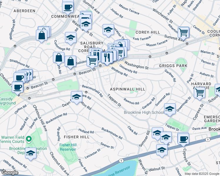 map of restaurants, bars, coffee shops, grocery stores, and more near 299 Tappan Street in Brookline