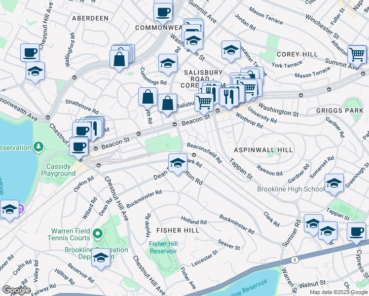 map of restaurants, bars, coffee shops, grocery stores, and more near 61 Dean Road in Brookline