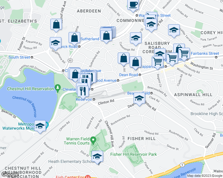 map of restaurants, bars, coffee shops, grocery stores, and more near 19 Strathmore Road in Brookline