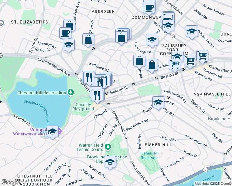 map of restaurants, bars, coffee shops, grocery stores, and more near 1905 Beacon Street in Brookline