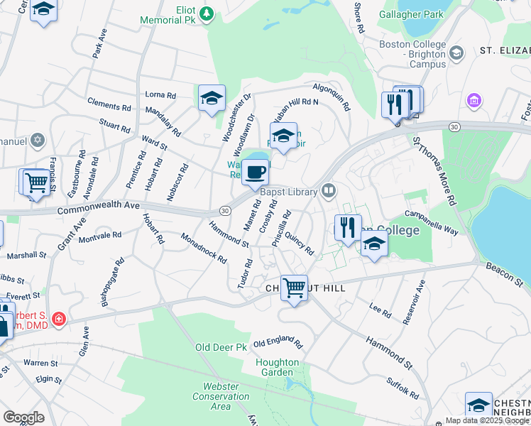 map of restaurants, bars, coffee shops, grocery stores, and more near 36 Crosby Road in Newton