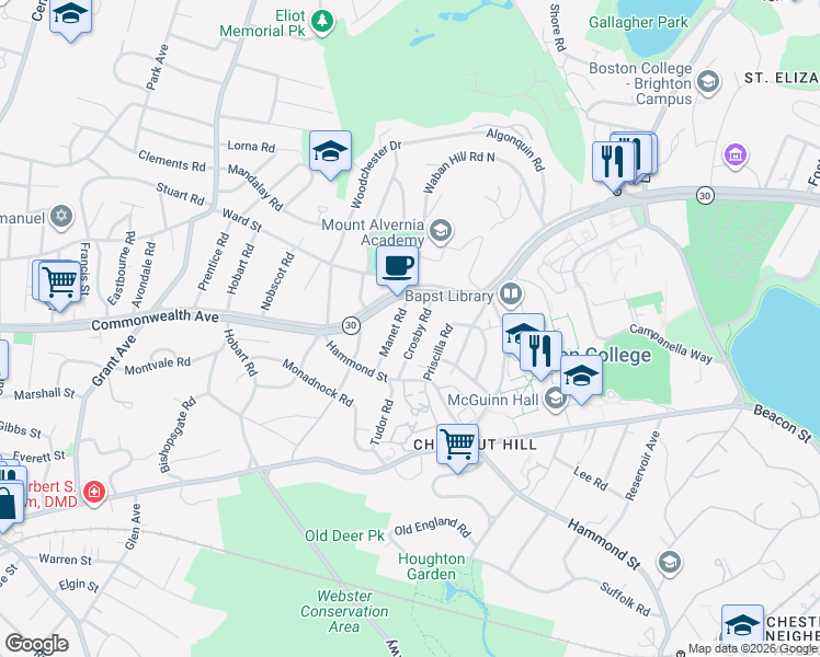 map of restaurants, bars, coffee shops, grocery stores, and more near 36 Crosby Road in Newton