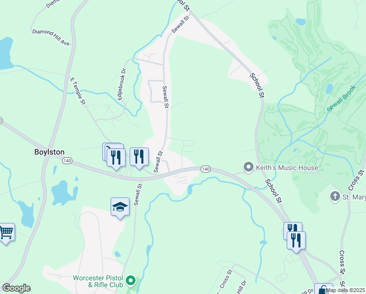 map of restaurants, bars, coffee shops, grocery stores, and more near 3 Rindle Road in Boylston