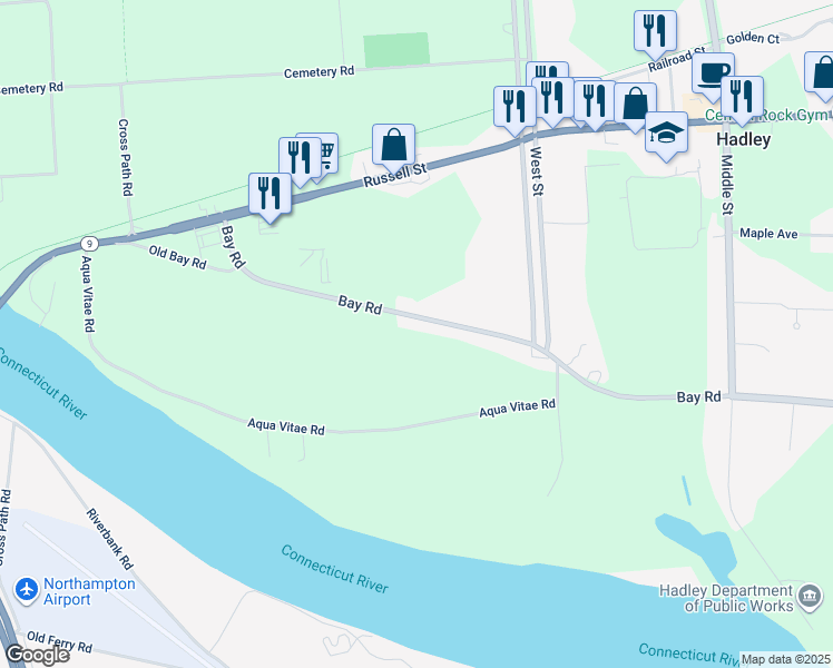 map of restaurants, bars, coffee shops, grocery stores, and more near 53 Bay Road in Hadley