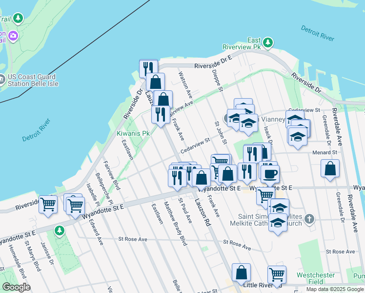 map of restaurants, bars, coffee shops, grocery stores, and more near 408 Frank Avenue in Windsor