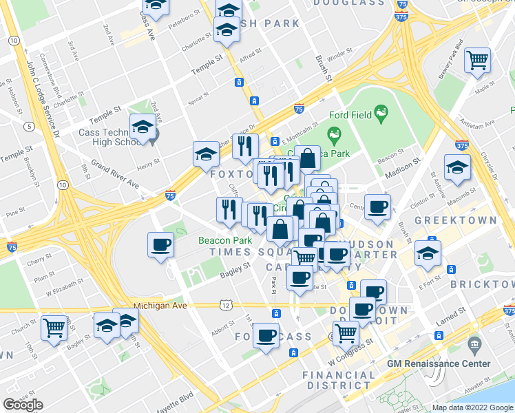 map of restaurants, bars, coffee shops, grocery stores, and more near 2001 Park Avenue in Detroit
