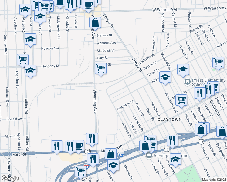 map of restaurants, bars, coffee shops, grocery stores, and more near 8695 Smart Street in Detroit