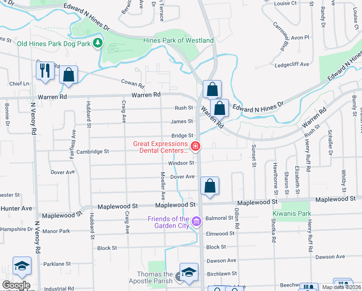 map of restaurants, bars, coffee shops, grocery stores, and more near 31451 Cambridge Street in Garden City
