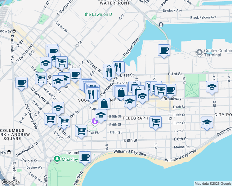 map of restaurants, bars, coffee shops, grocery stores, and more near 435 East 3rd Street in Boston
