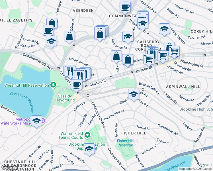 map of restaurants, bars, coffee shops, grocery stores, and more near 9 Strathmore Road in Brookline