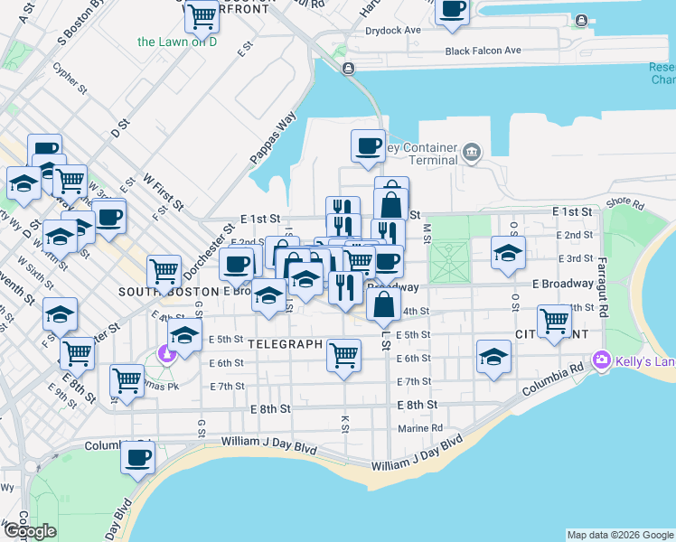 map of restaurants, bars, coffee shops, grocery stores, and more near 3 K Street Place in Boston