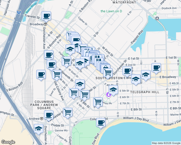 map of restaurants, bars, coffee shops, grocery stores, and more near 104 F Street in Boston
