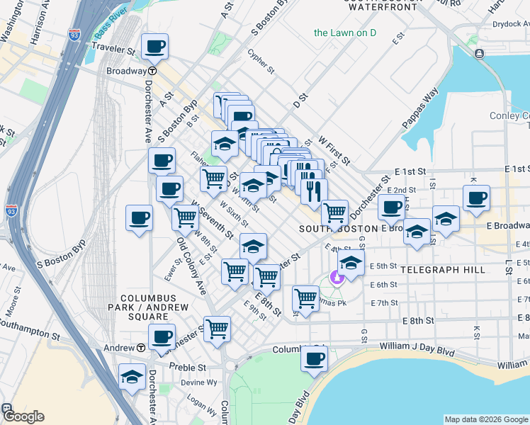 map of restaurants, bars, coffee shops, grocery stores, and more near 223 West Fifth Street in Boston