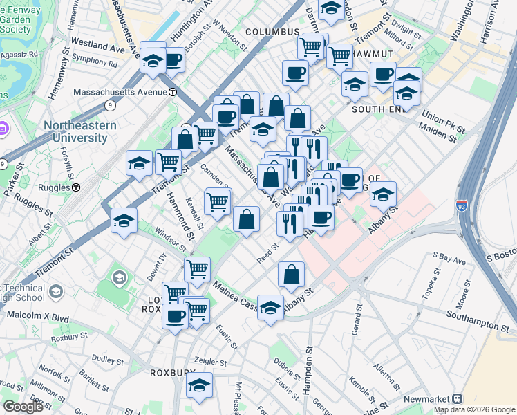 map of restaurants, bars, coffee shops, grocery stores, and more near 1786 Washington Street in Boston