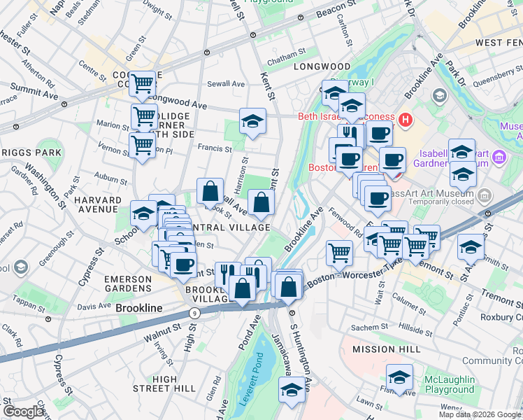 map of restaurants, bars, coffee shops, grocery stores, and more near 145 Kent Street in Brookline