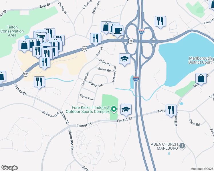 map of restaurants, bars, coffee shops, grocery stores, and more near 101 Ripley Avenue in Marlborough