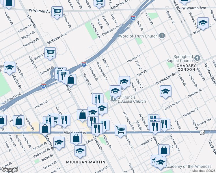 map of restaurants, bars, coffee shops, grocery stores, and more near 4617 North Campbell Street in Detroit