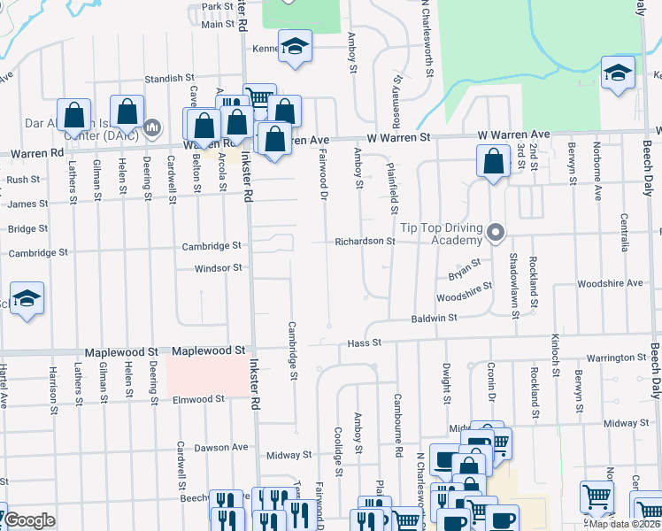 map of restaurants, bars, coffee shops, grocery stores, and more near 6615 Fairwood Drive in Dearborn Heights