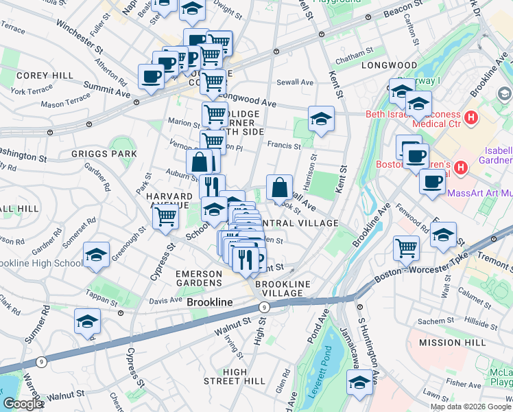 map of restaurants, bars, coffee shops, grocery stores, and more near 13 Tabor Place in Brookline
