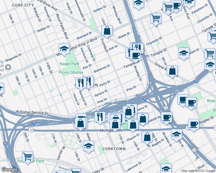 map of restaurants, bars, coffee shops, grocery stores, and more near 2702 Cochrane Street in Detroit