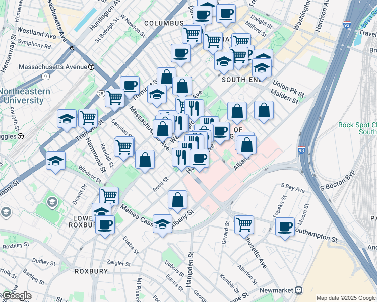 map of restaurants, bars, coffee shops, grocery stores, and more near 33 Worcester Square in Boston
